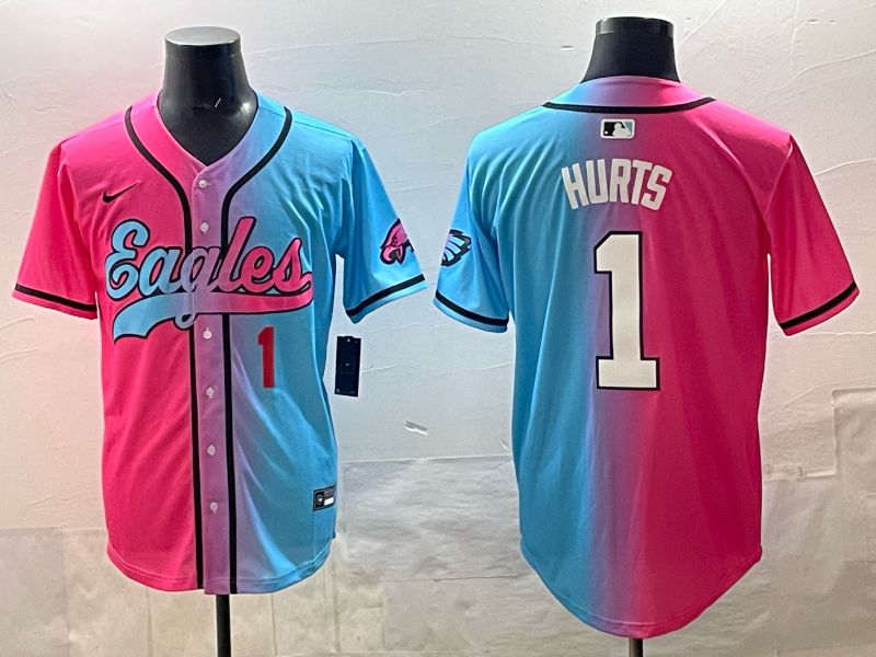 Men 2025 Philadelphia Eagles 1 Hurts Blue pink Nike Limited NFL Jersey style 03